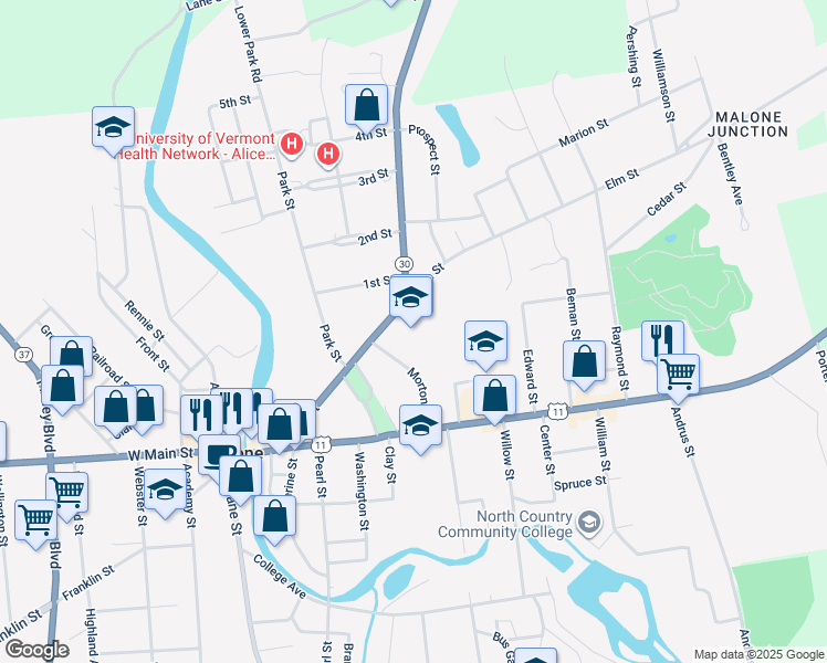 map of restaurants, bars, coffee shops, grocery stores, and more near 46 Morton Street in Malone