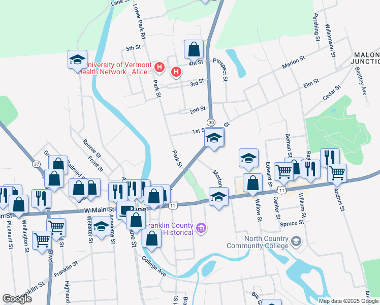 map of restaurants, bars, coffee shops, grocery stores, and more near 64-70 Elm Street in Malone