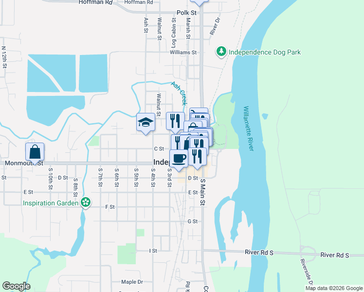 map of restaurants, bars, coffee shops, grocery stores, and more near 220 B Street in Independence