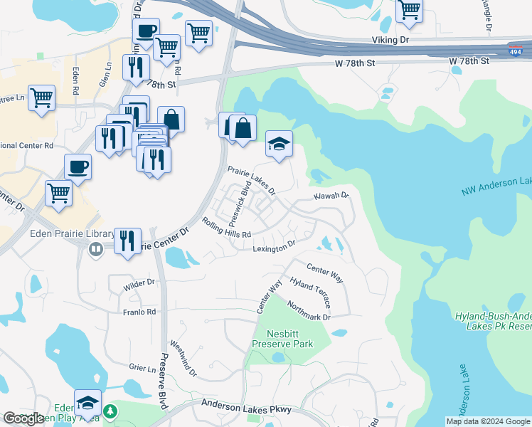 map of restaurants, bars, coffee shops, grocery stores, and more near 8387 Labont Way in Eden Prairie