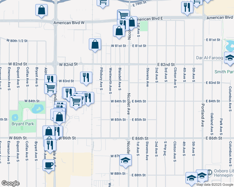 map of restaurants, bars, coffee shops, grocery stores, and more near 8313 Wentworth Avenue South in Bloomington