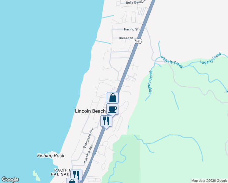 map of restaurants, bars, coffee shops, grocery stores, and more near 130 Wakash Street in Depoe Bay