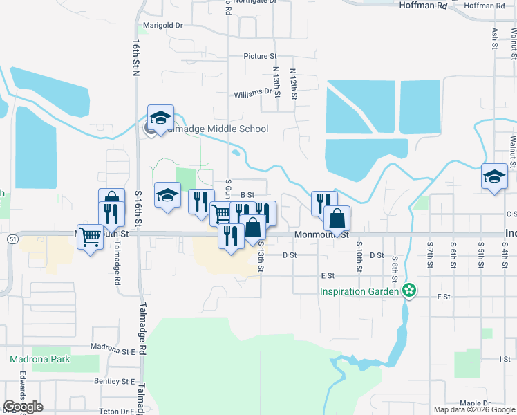 map of restaurants, bars, coffee shops, grocery stores, and more near 1302 B Street in Independence