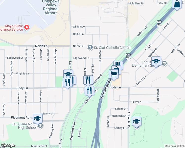 map of restaurants, bars, coffee shops, grocery stores, and more near 3118 Mitchell Ave in Eau Claire