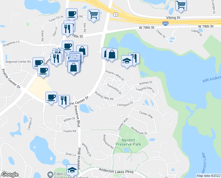 map of restaurants, bars, coffee shops, grocery stores, and more near 11261 Preswick Boulevard in Eden Prairie
