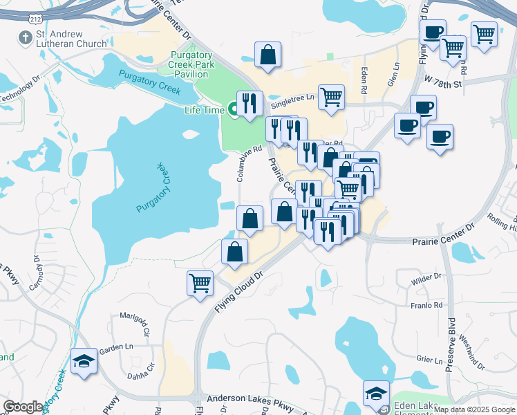 map of restaurants, bars, coffee shops, grocery stores, and more near 635 Prairie Center Drive in Eden Prairie