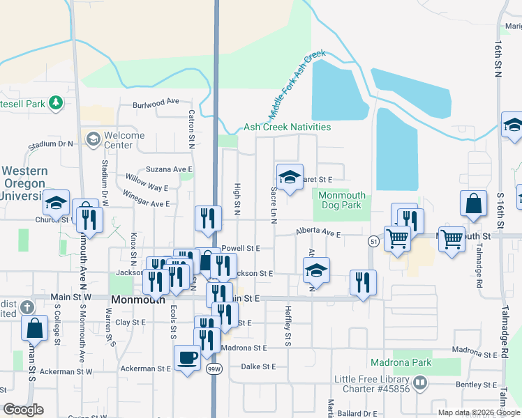map of restaurants, bars, coffee shops, grocery stores, and more near 441 Craven Street North in Monmouth