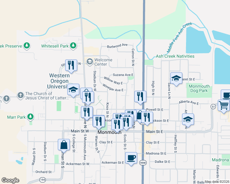 map of restaurants, bars, coffee shops, grocery stores, and more near 330 Winegar Avenue East in Monmouth