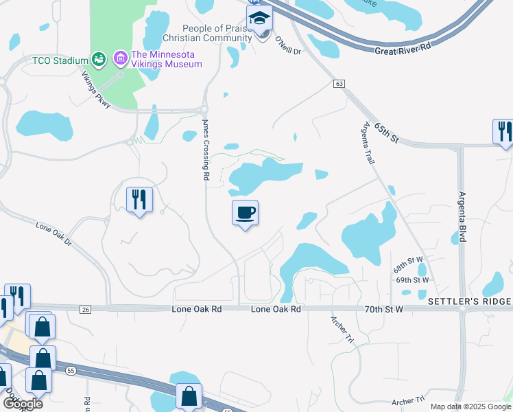 map of restaurants, bars, coffee shops, grocery stores, and more near 2900 Ames Crossing Road in Eagan