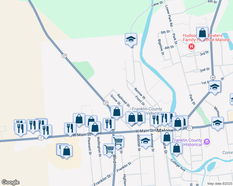 map of restaurants, bars, coffee shops, grocery stores, and more near 99 Railroad Street in Malone
