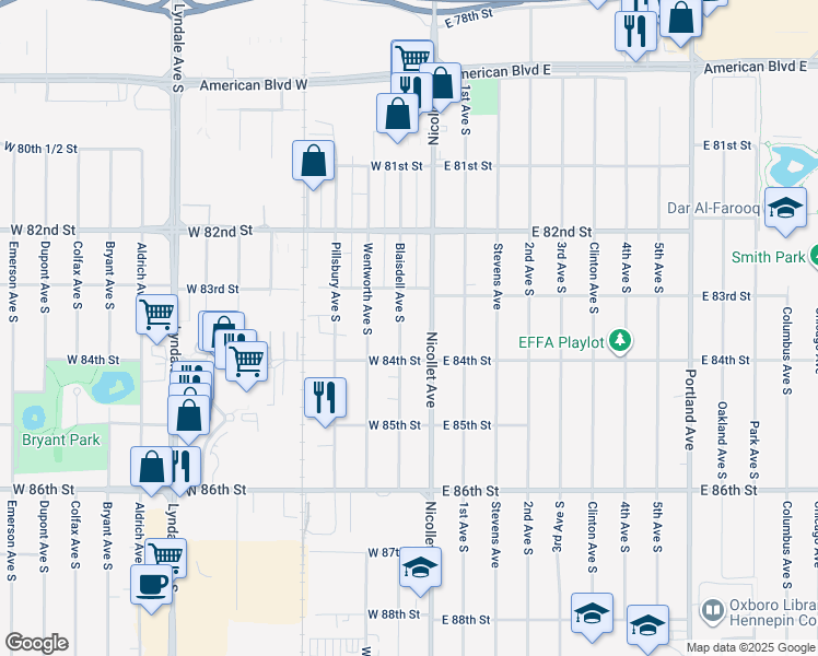 map of restaurants, bars, coffee shops, grocery stores, and more near 8312 Nicollet Avenue in Minneapolis