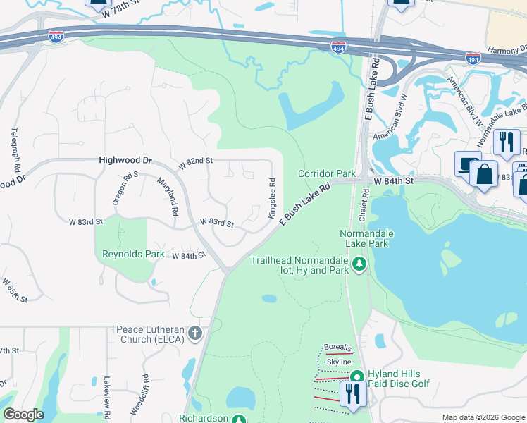 map of restaurants, bars, coffee shops, grocery stores, and more near 8244 Kingslee Road in Minneapolis