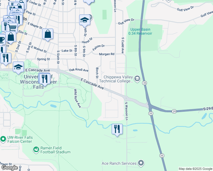 map of restaurants, bars, coffee shops, grocery stores, and more near 580 Birchcrest Drive in River Falls