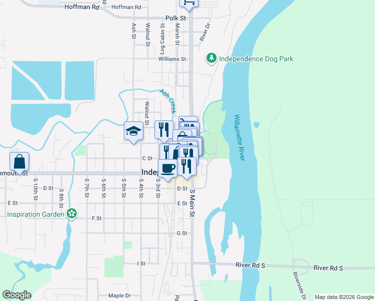 map of restaurants, bars, coffee shops, grocery stores, and more near 104 South Main Street in Independence