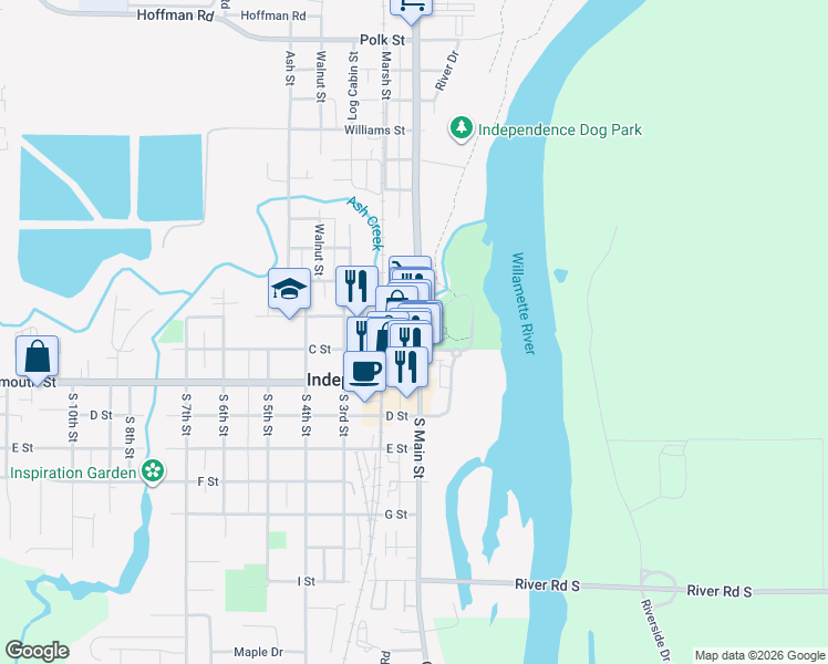 map of restaurants, bars, coffee shops, grocery stores, and more near 104 South Main Street in Independence