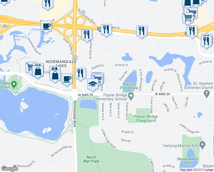 map of restaurants, bars, coffee shops, grocery stores, and more near 8301 Stanley Road in Bloomington