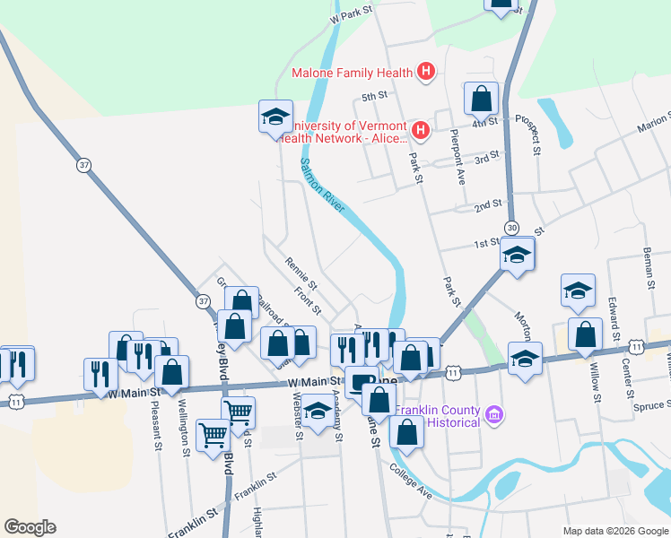 map of restaurants, bars, coffee shops, grocery stores, and more near 37 Factory St in Malone