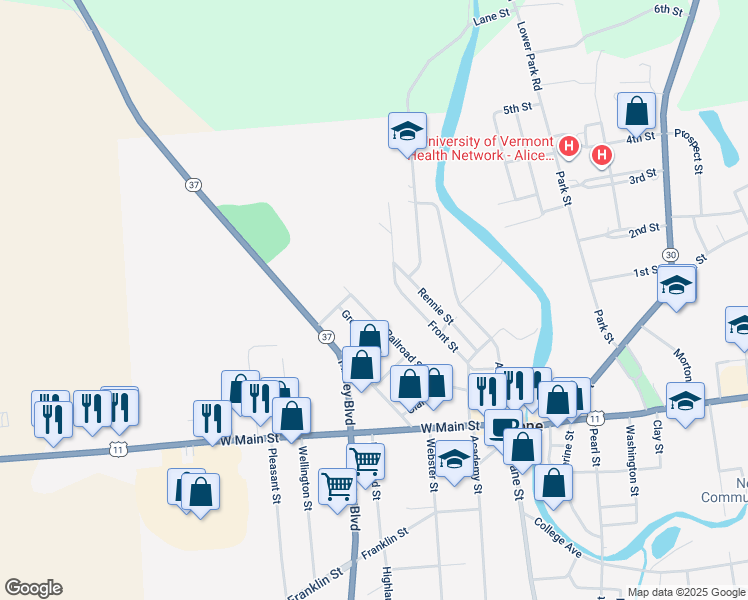 map of restaurants, bars, coffee shops, grocery stores, and more near 99 Railroad Street in Malone