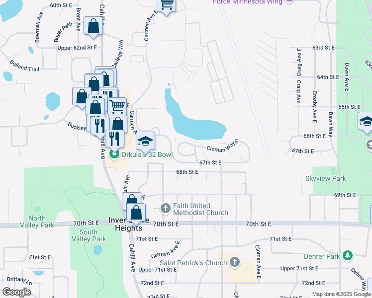 map of restaurants, bars, coffee shops, grocery stores, and more near 3291 Lower 67th Street East in Inver Grove Heights