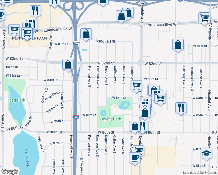 map of restaurants, bars, coffee shops, grocery stores, and more near 8314 Colfax Avenue South in Bloomington