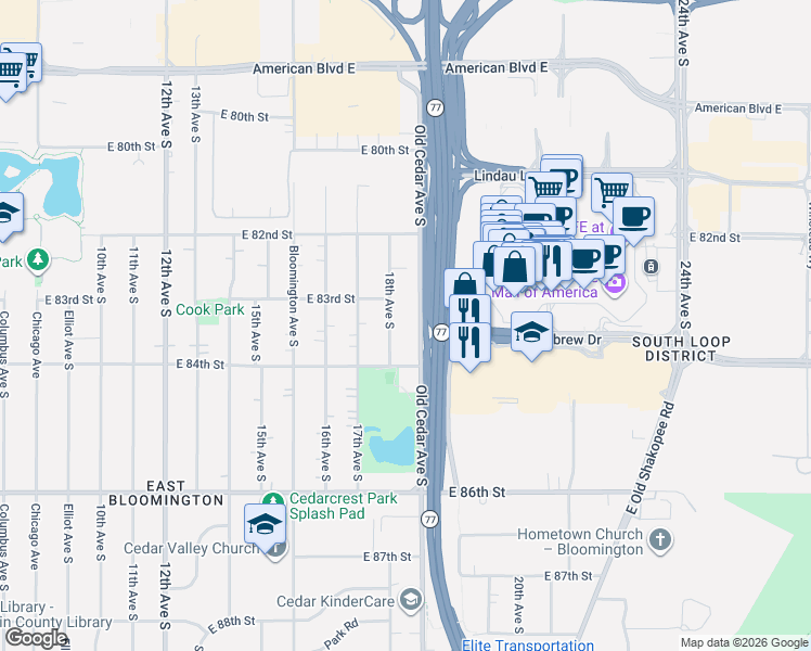 map of restaurants, bars, coffee shops, grocery stores, and more near 8300 Old Cedar Avenue South in Bloomington