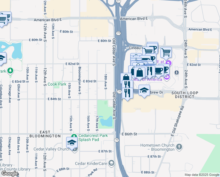 map of restaurants, bars, coffee shops, grocery stores, and more near 8300 Old Cedar Avenue South in Bloomington