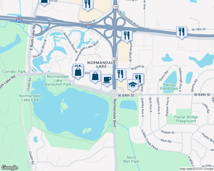 map of restaurants, bars, coffee shops, grocery stores, and more near 8331 Norman Center Drive in Bloomington
