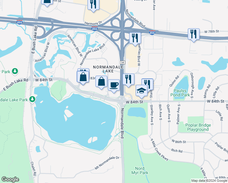 map of restaurants, bars, coffee shops, grocery stores, and more near 8331 Norman Center Drive in Bloomington