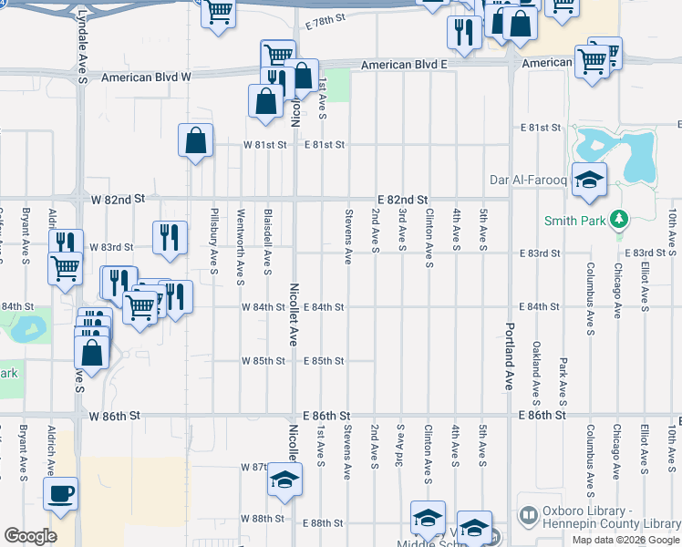 map of restaurants, bars, coffee shops, grocery stores, and more near 8308 Stevens Avenue in Minneapolis