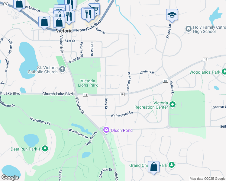map of restaurants, bars, coffee shops, grocery stores, and more near 1437 McKnight Circle in Victoria