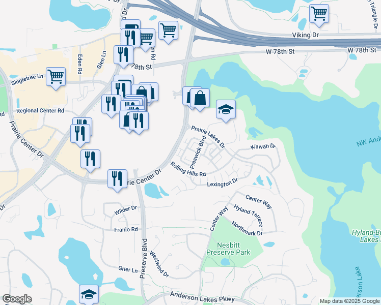 map of restaurants, bars, coffee shops, grocery stores, and more near 8304 Townsend Drive in Eden Prairie