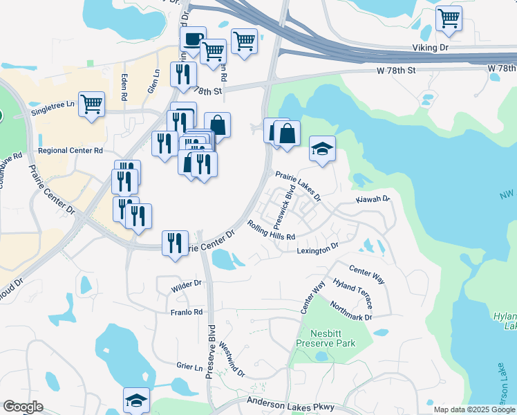map of restaurants, bars, coffee shops, grocery stores, and more near 11318 Stratton Avenue in Eden Prairie