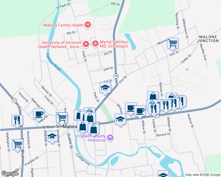map of restaurants, bars, coffee shops, grocery stores, and more near 100 Elm Street in Malone