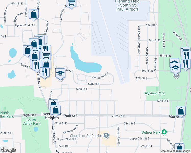 map of restaurants, bars, coffee shops, grocery stores, and more near 3429 Cloman Way East in Inver Grove Heights