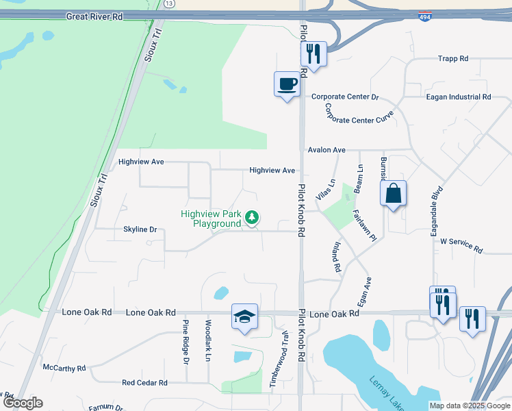 map of restaurants, bars, coffee shops, grocery stores, and more near 1436 Highview Avenue in Eagan