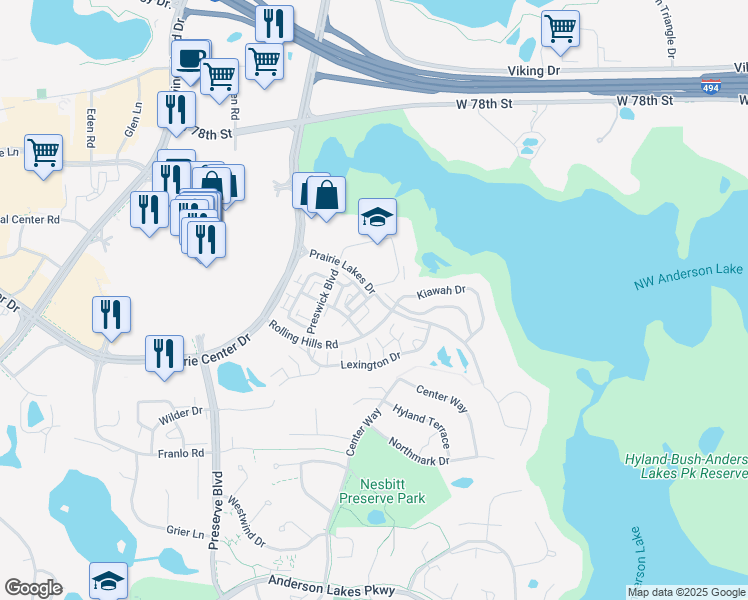map of restaurants, bars, coffee shops, grocery stores, and more near 11125 Prairie Lakes Drive in Eden Prairie