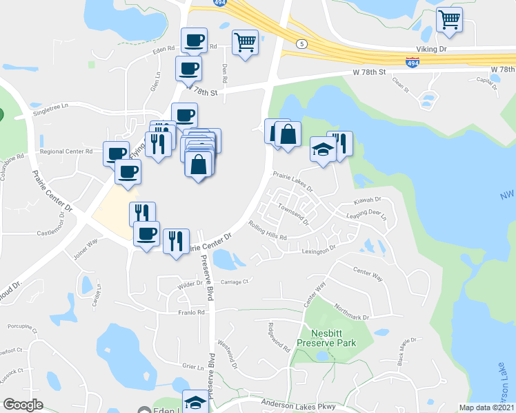 map of restaurants, bars, coffee shops, grocery stores, and more near 11318 Stratton Avenue in Eden Prairie