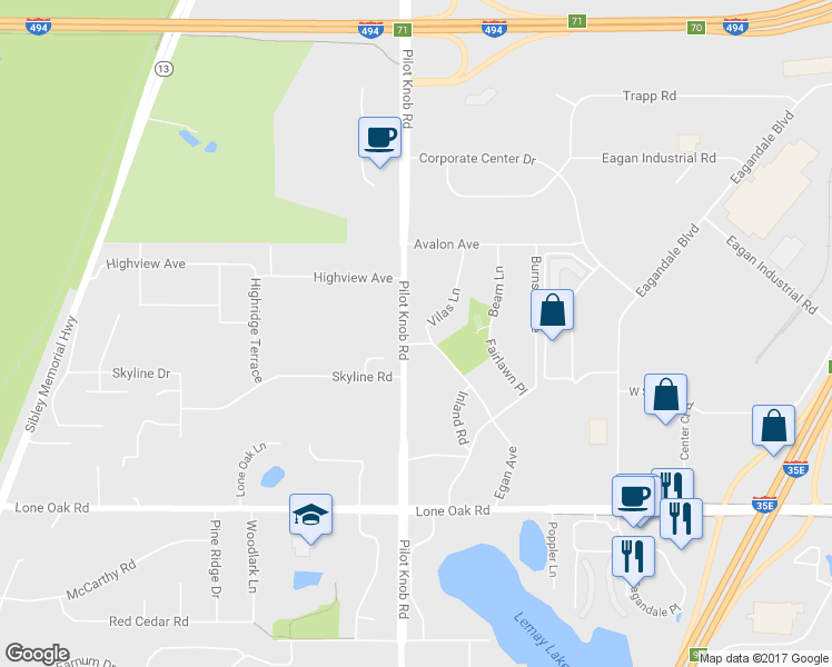 map of restaurants, bars, coffee shops, grocery stores, and more near 2860 Pilot Knob Road in Eagan