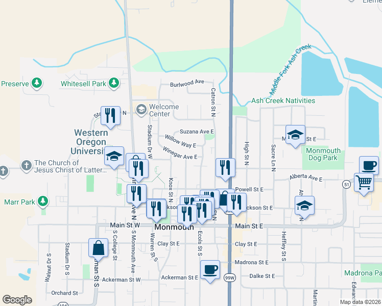 map of restaurants, bars, coffee shops, grocery stores, and more near 330 Winegar Avenue East in Monmouth