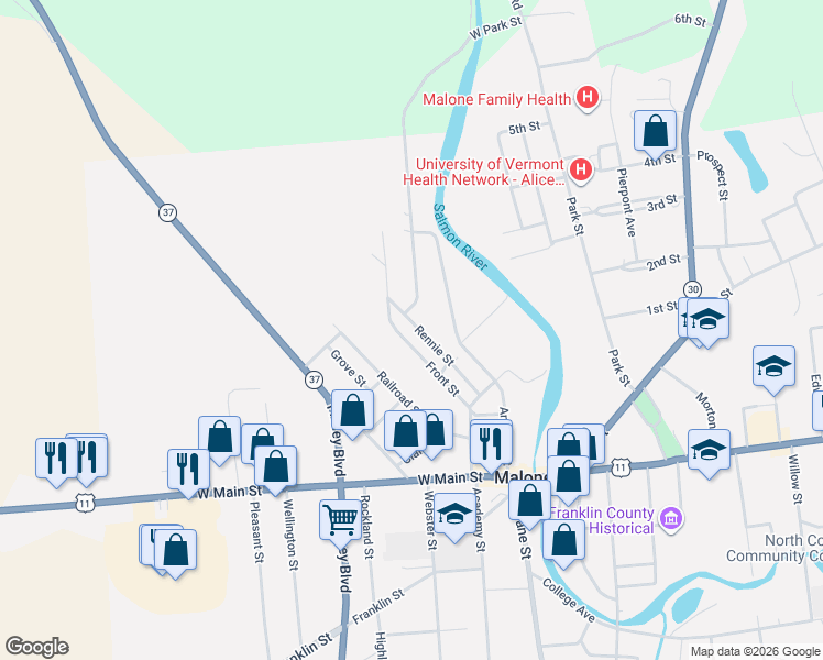 map of restaurants, bars, coffee shops, grocery stores, and more near 58 Rennie St in Malone