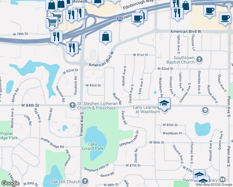 map of restaurants, bars, coffee shops, grocery stores, and more near 8309 Beard Road in Minneapolis