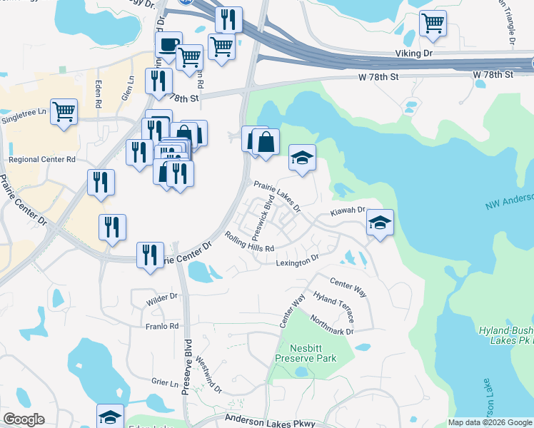 map of restaurants, bars, coffee shops, grocery stores, and more near 8387 Labont Way in Eden Prairie