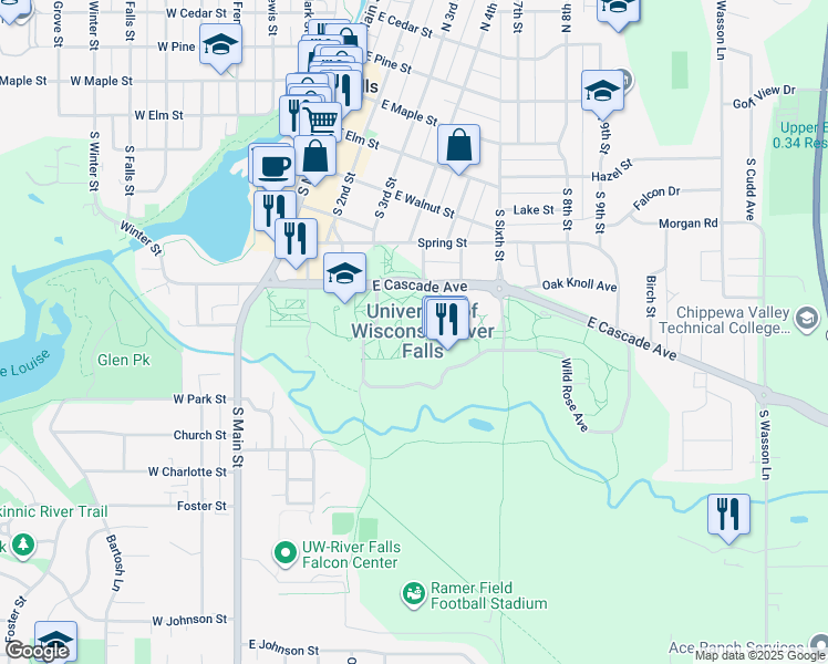 map of restaurants, bars, coffee shops, grocery stores, and more near 410 South 3rd Street in River Falls