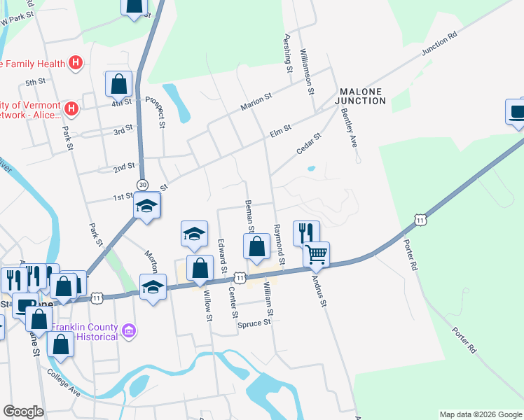 map of restaurants, bars, coffee shops, grocery stores, and more near 7 Roby St in Malone