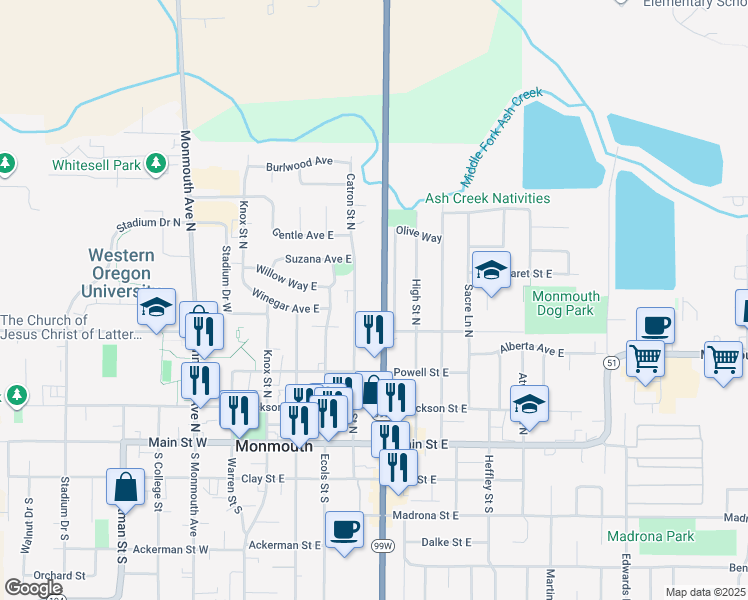 map of restaurants, bars, coffee shops, grocery stores, and more near 501 Catron Street North in Monmouth