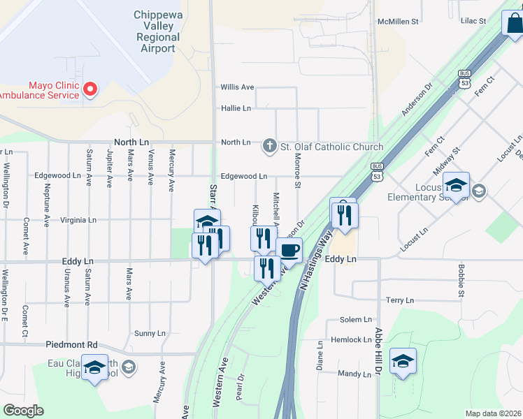 map of restaurants, bars, coffee shops, grocery stores, and more near 3118 Mitchell Avenue in Eau Claire