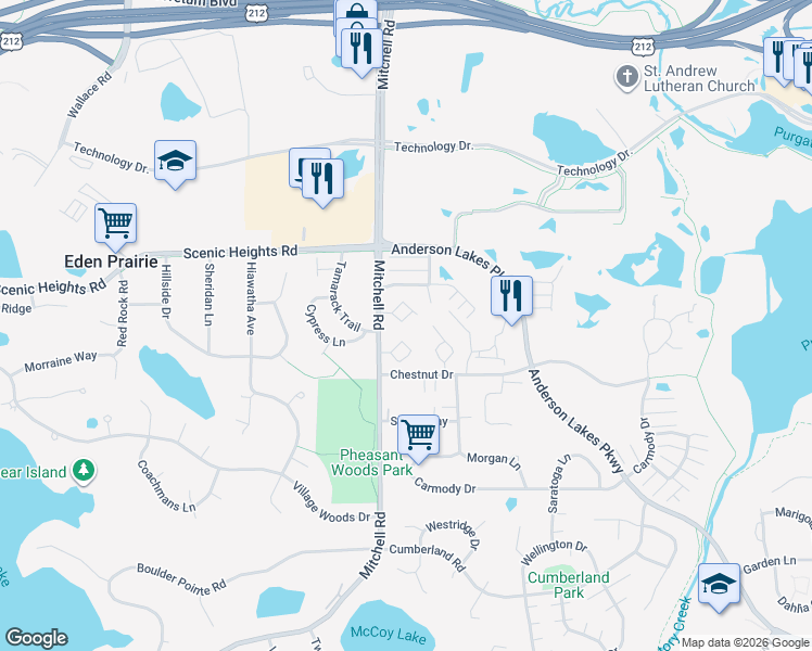 map of restaurants, bars, coffee shops, grocery stores, and more near 8313 Mitchell Road in Eden Prairie