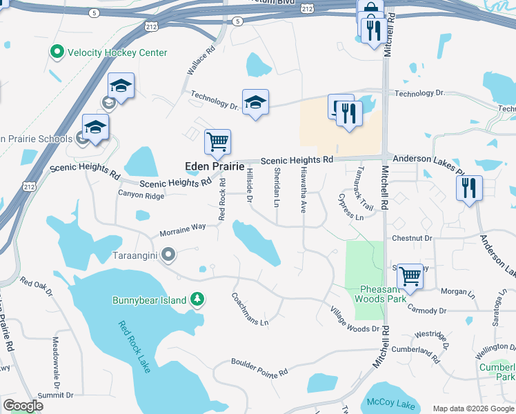map of restaurants, bars, coffee shops, grocery stores, and more near 15010 Hillside Drive in Eden Prairie