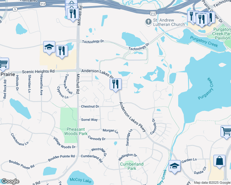map of restaurants, bars, coffee shops, grocery stores, and more near 13997 Anderson Lakes Parkway in Eden Prairie