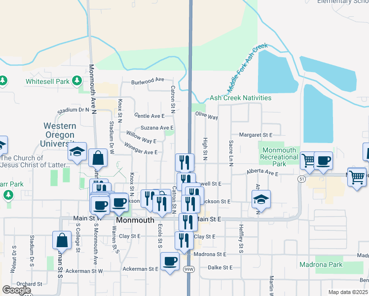 map of restaurants, bars, coffee shops, grocery stores, and more near 501 Catron Street North in Monmouth